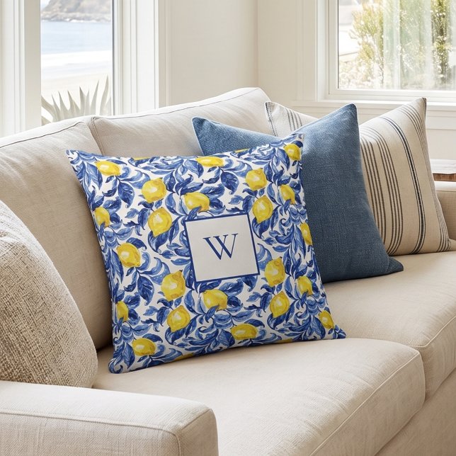 Blue Watercolor Lemon Pattern Monogram Throw Pillow (Creator Uploaded)