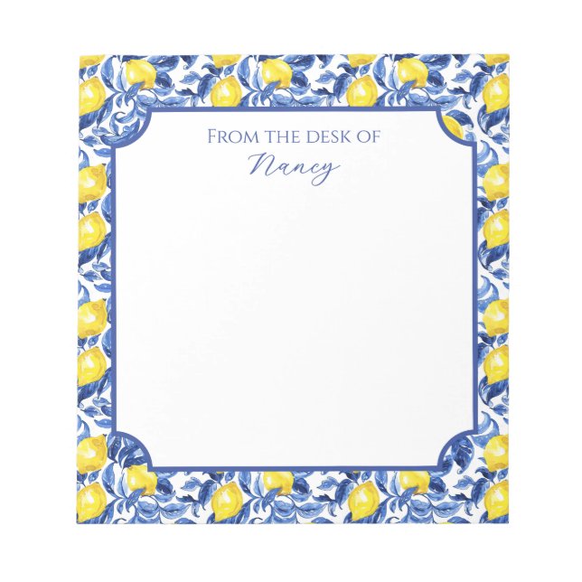 Blue Watercolor Lemon Pattern Name Notepad (Front)