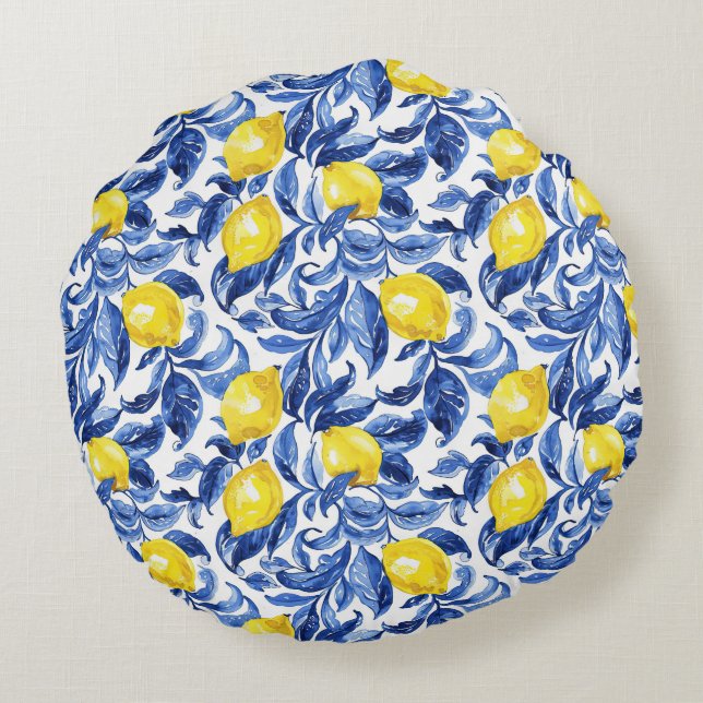 Blue Watercolor Lemon Pattern  Round Pillow (Back)