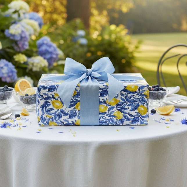 Blue Watercolor Lemon Pattern  Wrapping Paper (Creator Uploaded)