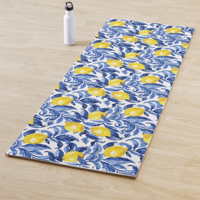 Blue Watercolor Lemon Pattern  Yoga Mat (In Situ)