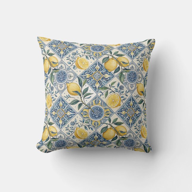 Blue Watercolor Lemon Throw Pillow (Front)