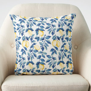 Blue Watercolor Lemon Throw Pillow
