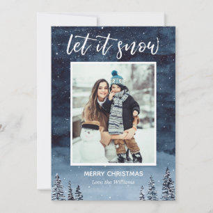 Blue Watercolor Let it Snow Christmas Holiday Card