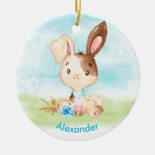 Blue Watercolor Little Bunny Ceramic Ornament
