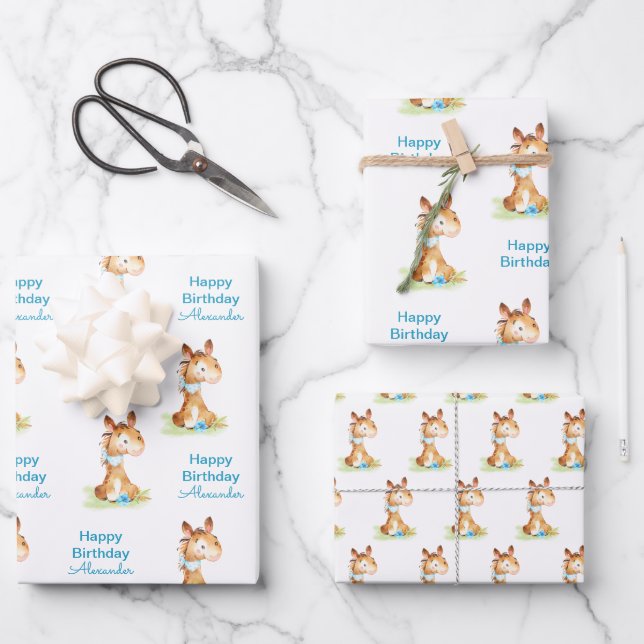 Blue Watercolor Little Horse Wrapping Paper Sheet (Front)