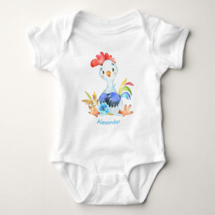Blue Watercolor Little Rooster Baby Bodysuit