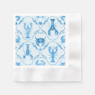Blue Watercolor Lobster Crab Ogee Pattern Wedding Napkin