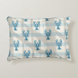 Blue Watercolor Lobster Pattern on Coastal Stripe Accent Pillow