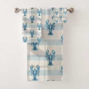 Blue Watercolor Lobster Pattern on Coastal Stripe Bath Towel Set