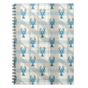 Blue Watercolor Lobster Pattern on Coastal Stripe Notebook