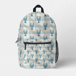 Blue Watercolor Lobster Pattern on Coastal Stripe Printed Backpack