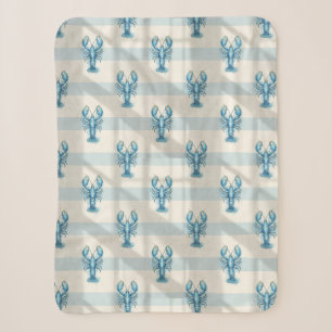 Blue Watercolor Lobster Pattern on Coastal Stripe Sherpa Blanket