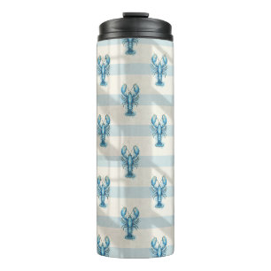 Blue Watercolor Lobster Pattern on Coastal Stripe Thermal Tumbler