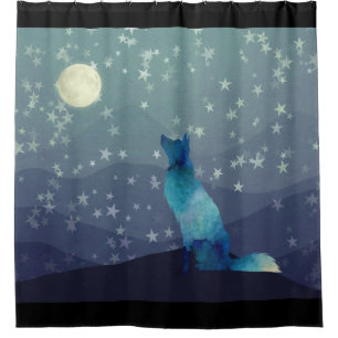 Blue Watercolor Look Wolf Staring at Moon