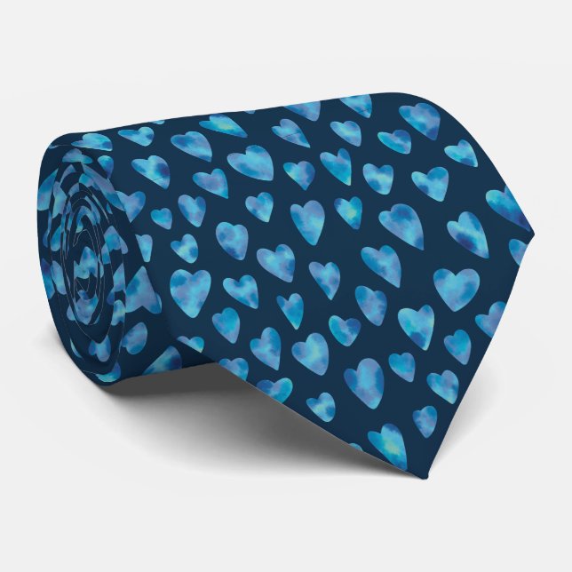 Blue Watercolor Love Heart Pattern Tie (Rolled)