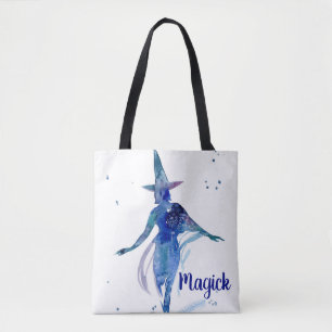 Blue Watercolor Magick Witch Tote Bag