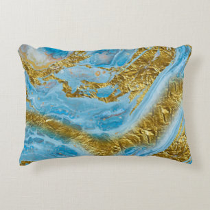 Blue Watercolor Marble & Gold Foil Accent Pillow
