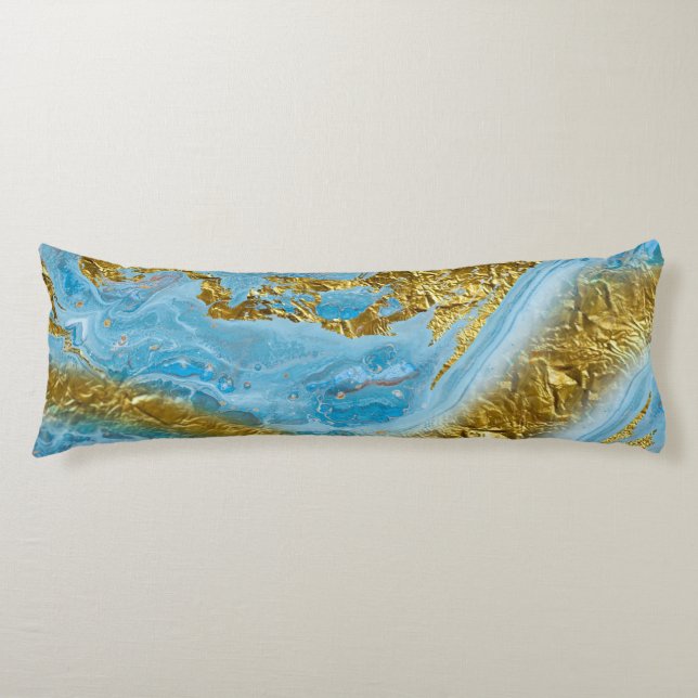 Blue Watercolor Marble & Gold Foil   Body Pillow (Front)