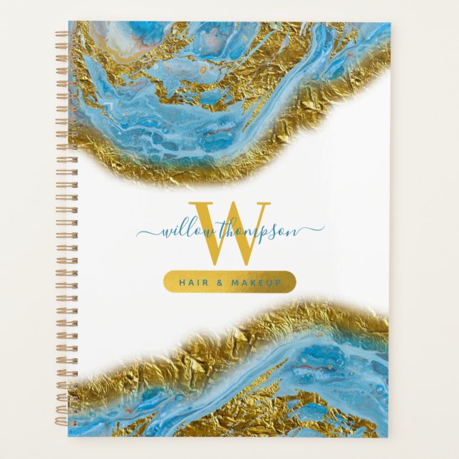 Blue Watercolor Marble & Gold Foil Hair & Makeup Planner (Front)