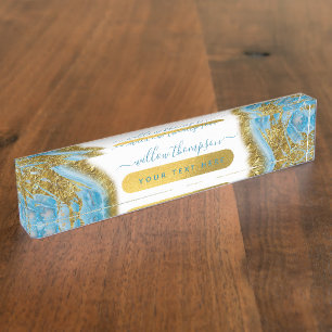 Blue Watercolor Marble & Gold Foil Nameplate
