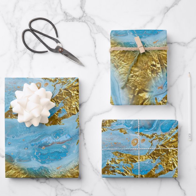 Blue Watercolor Marble & Gold Foil  Wrapping Paper Sheet (Front)