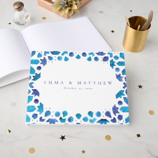 Blue Watercolor Mediterranean Tile Guest Book (Front Open)