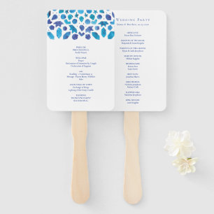 Blue Watercolor Meditteranean Tile Wedding Program Hand Fan