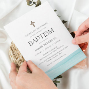 Blue Watercolor Modern Boy Baptism Invitation