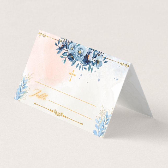 Blue Watercolor Modern Boy Baptism Place Card (Front)