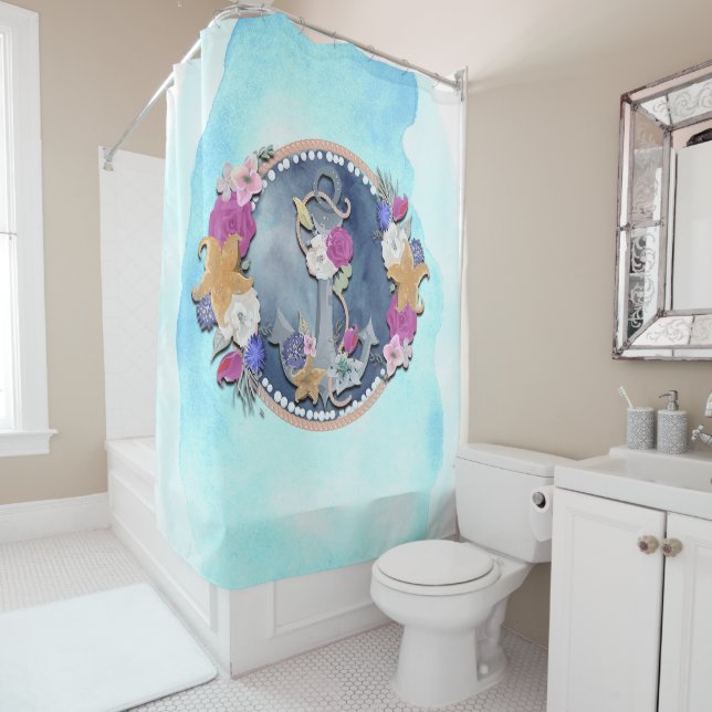 Blue Watercolor Modern Nautical Floral Anchor (In Situ)