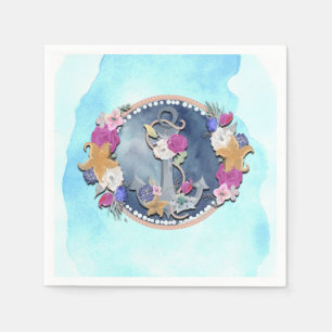 Blue Watercolor Modern Nautical Floral Anchor Napkin