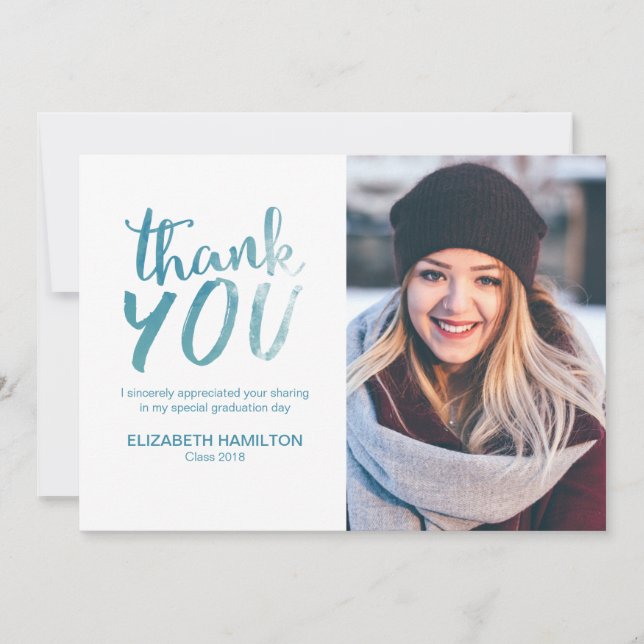 Blue Watercolor Modern Script Grad Thank You Photo (Front)