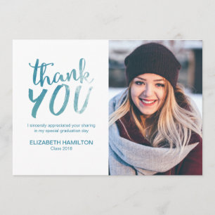 Blue Watercolor Modern Script Grad Thank You Photo Card