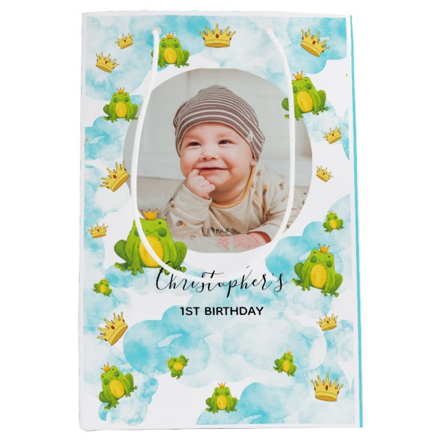 Blue Watercolor Monarch Frog Baby Photo  Medium Gift Bag (Front)