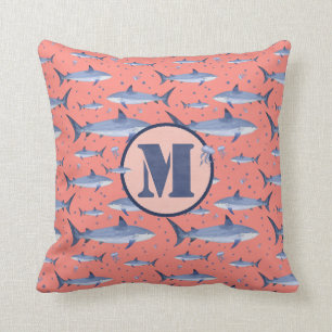 Blue Watercolor Monogram Shark Jellyfish on Coral Throw Pillow