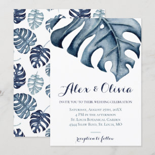 Blue Watercolor Monstera Leaves Wedding Invitation