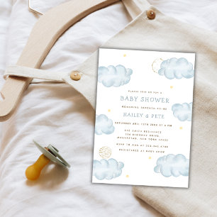 Blue Watercolor Moon Star Cloud Boy Baby Shower Invitation