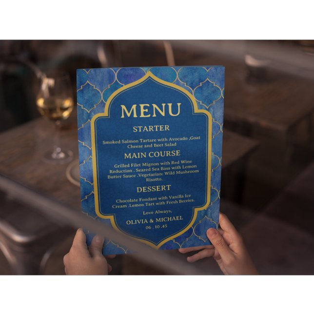 Blue Watercolor Moroccan Wedding Menu (Creator Uploaded)