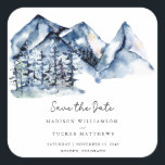 Blue Watercolor Mountain Rustic Boho Save the Date Square Sticker<br><div class="desc">Blue Watercolor Mountain Rustic Boho Save the Date Square Sticker featuring a gorgeous watercolor mountain landscape with tall evergreen pine trees,  handwritten script and modern typography for a clean,  minimalist feel.</div>