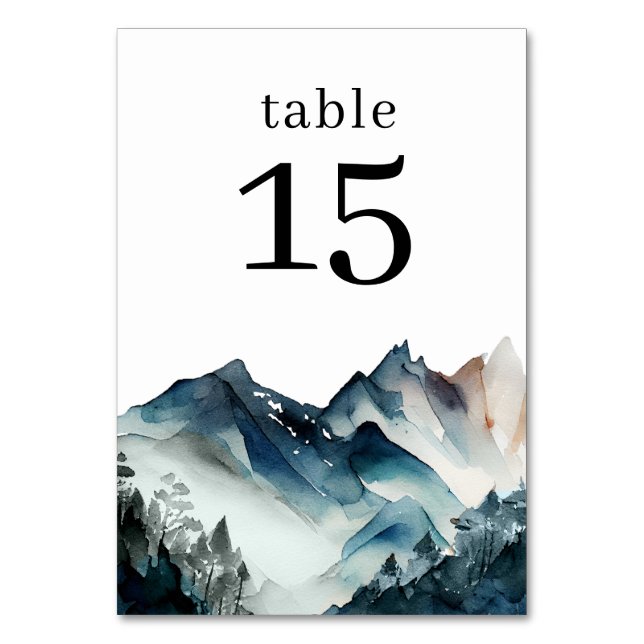 Blue Watercolor Mountain Table Number (Front)
