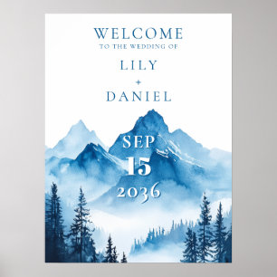 Blue Watercolor Mountain Wedding Welcome Sign