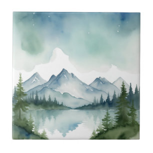 Blue Watercolor Mountains and Green Pine Tree Tile