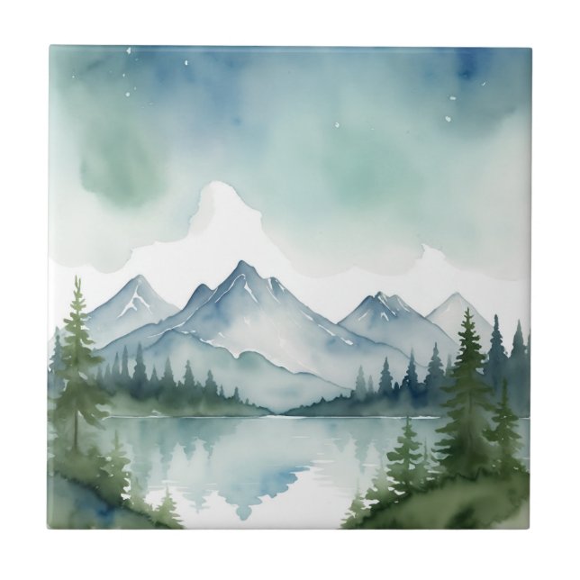 Blue Watercolor Mountains and Green Pine Tree Tile (Front)