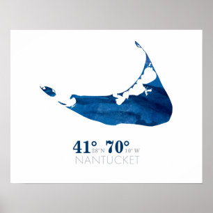 Blue Watercolor Nantucket Map with Coordinates Poster