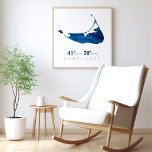 Blue Watercolor Nantucket Map with Coordinates Poster<br><div class="desc">Blue Watercolor Nantucket Map with Coordinates. Beautiful artwork for the ACK lovers whether you live there or vacation to Nantucket. Great Keepsake showing the coordinates of the Island of Nantucket, which is off of Massachusetts. If you wanted to have a different colour or need more detailed coordinates please email paula@labellarue.com...</div>