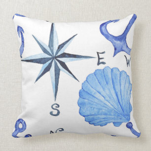 Blue watercolor nautical design with shell, anchor throw pillow
