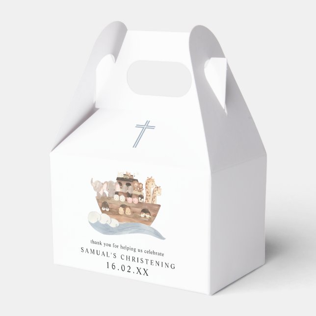 Blue Watercolor Noah's Ark Boy Christening  Favor Box (Front Side)