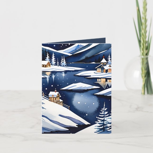 Blue Watercolor Nordic Lakeside Folded Christmas Holiday Card (Front)