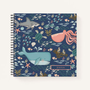 Blue Watercolor Ocean Animal Art Name Monogram Notebook